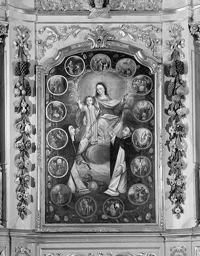 tableau d'autel et son cadre : la Donation du rosaire à saint Dominique de Guzman et à sainte Catherine de Sienne