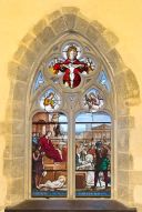 ensemble de 7 verrières : Trinité, Bon Pasteur, Christ en croix, scènes et saints