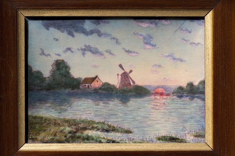 tableau émaillé : Paysage avec moulin à vent
