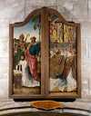 triptyque : la messe de saint Grégoire (panneau 1), saints et donateur (panneau 2)