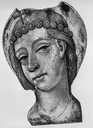 verrière : tête féminine nimbée (fragment n° 899.1.729)