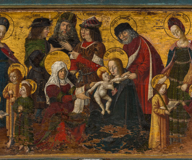 tableau d'autel : la Sainte Parenté avec saint Antoine et sainte Catherine d'Alexandrie