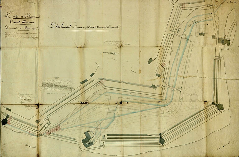 ensemble du génie civil : ouvrages liés au flottage des bois et à la navigation dans la traversée de Besançon (canal du Rhône au Rhin)