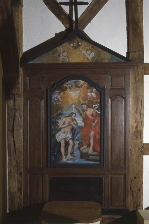 retable des fonts baptismaux et son tableau : Baptême du Christ