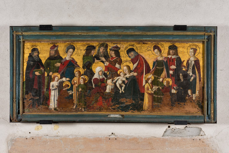 tableau d'autel : la Sainte Parenté avec saint Antoine et sainte Catherine d'Alexandrie
