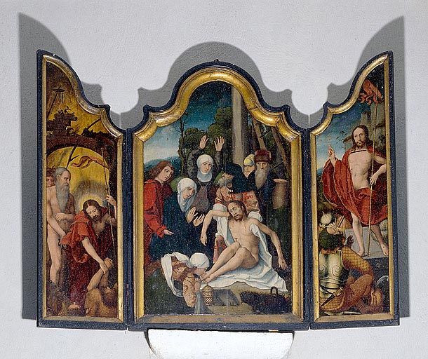 triptyque : la Descente de croix (panneau central), la Descente aux limbes (volet gauche), la Résurrection (volet droit)