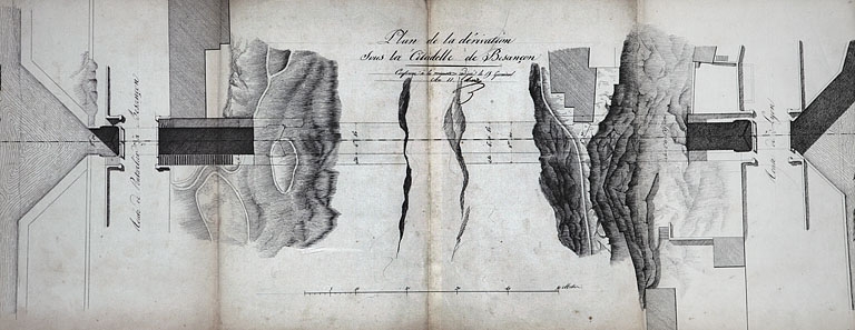 ensemble du génie civil : ouvrages liés au flottage des bois et à la navigation dans la traversée de Besançon (canal du Rhône au Rhin)