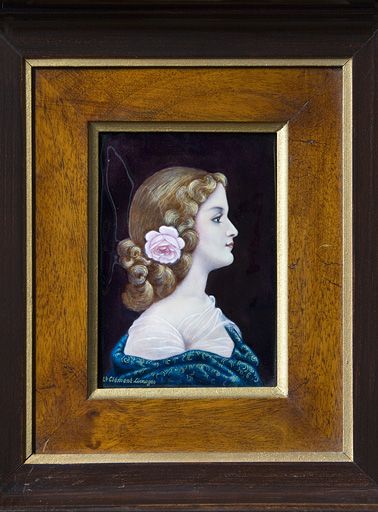 tableau émaillé : Femme au châle bleu