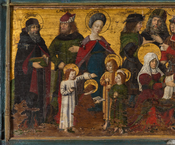 tableau d'autel : la Sainte Parenté avec saint Antoine et sainte Catherine d'Alexandrie