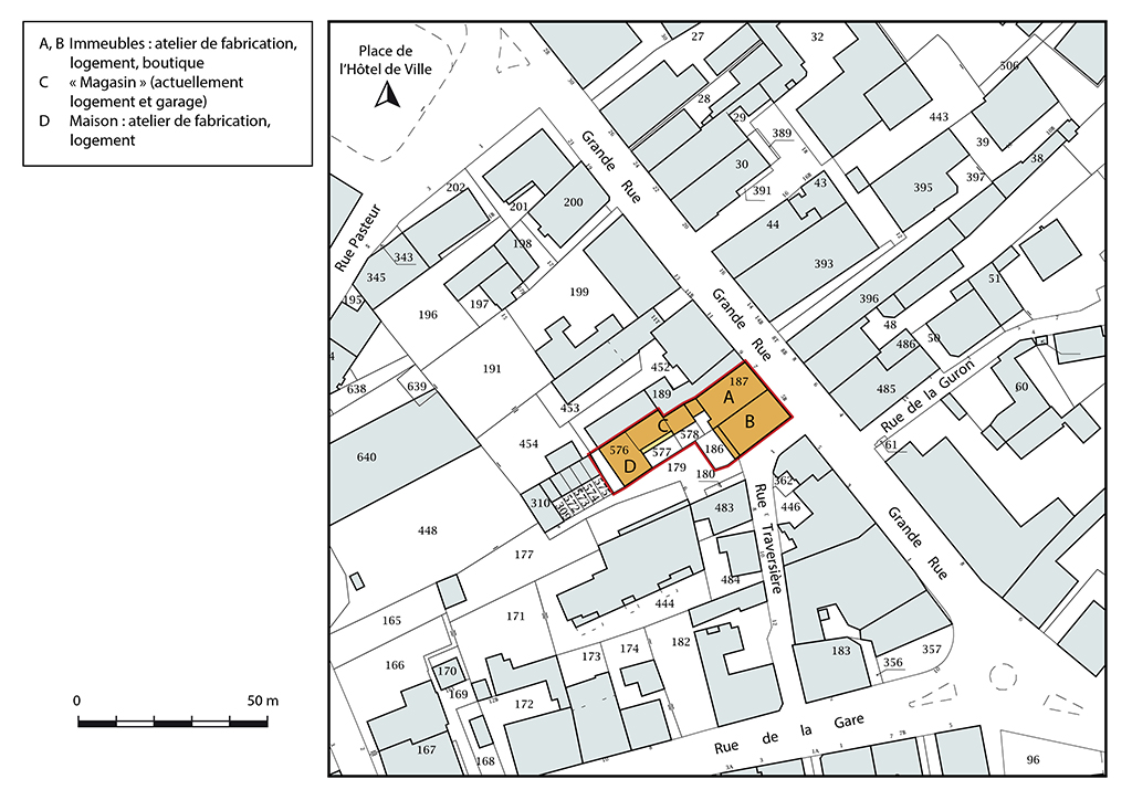 immeuble, maison, imprimerie Genre, ateliers d'horlogerie Dornier, et Aeschlimann et Monbaron