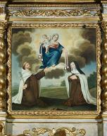 tableau d'autel et son cadre : la Donation du scapulaire à saint Simon Stock et sainte Thérèse d'Avila