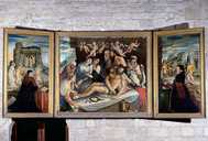 peinture (triptyque) : la Mise au tombeau encadrée de deux donateurs, l'Annonciation