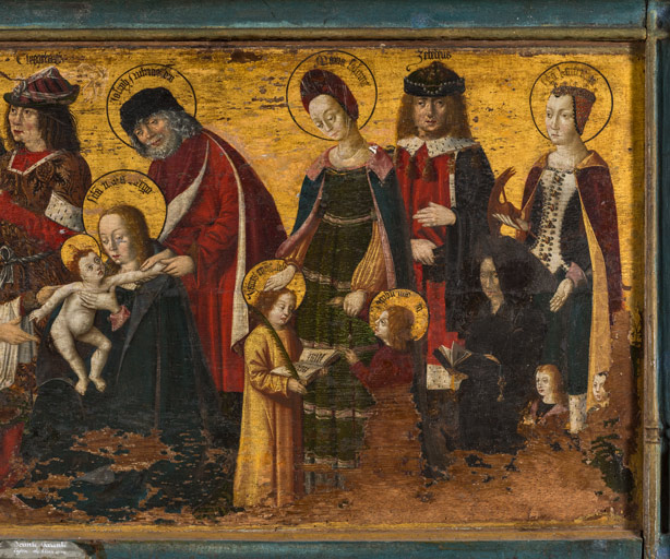 tableau d'autel : la Sainte Parenté avec saint Antoine et sainte Catherine d'Alexandrie