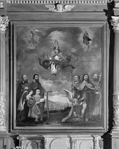 tableau d'autel : saint Antide, saint Simon, saint François de Sales, saint Roch, saint Charles Borromée et saint Claude (?)