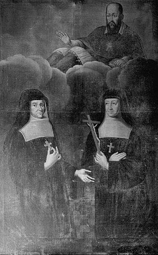 tableau : Saint François de Sales bénissant deux visitandines, mères Sachot et Champrougier